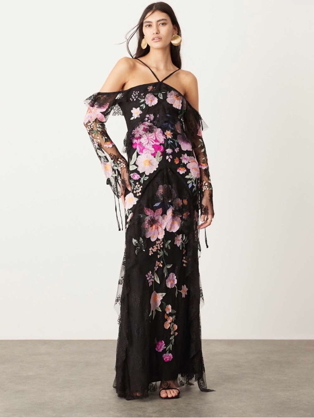 ASOS EDITION embroidered halter cold shoulder ruffle maxi dress in black
